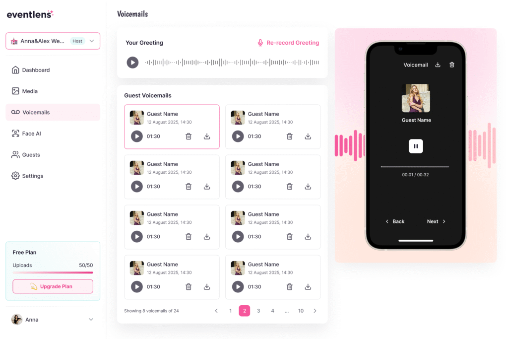 Eventlens voicemail audio guestbook feature