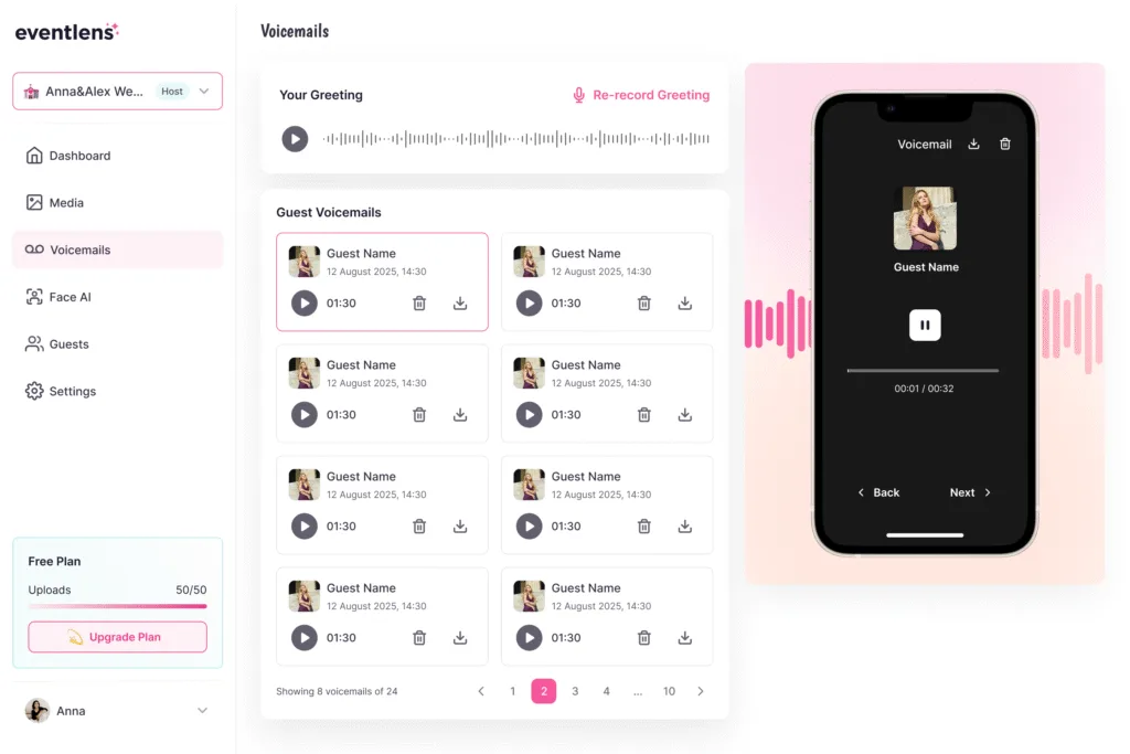 Eventlens Voicemails Audio-Gästebuch-Funktion